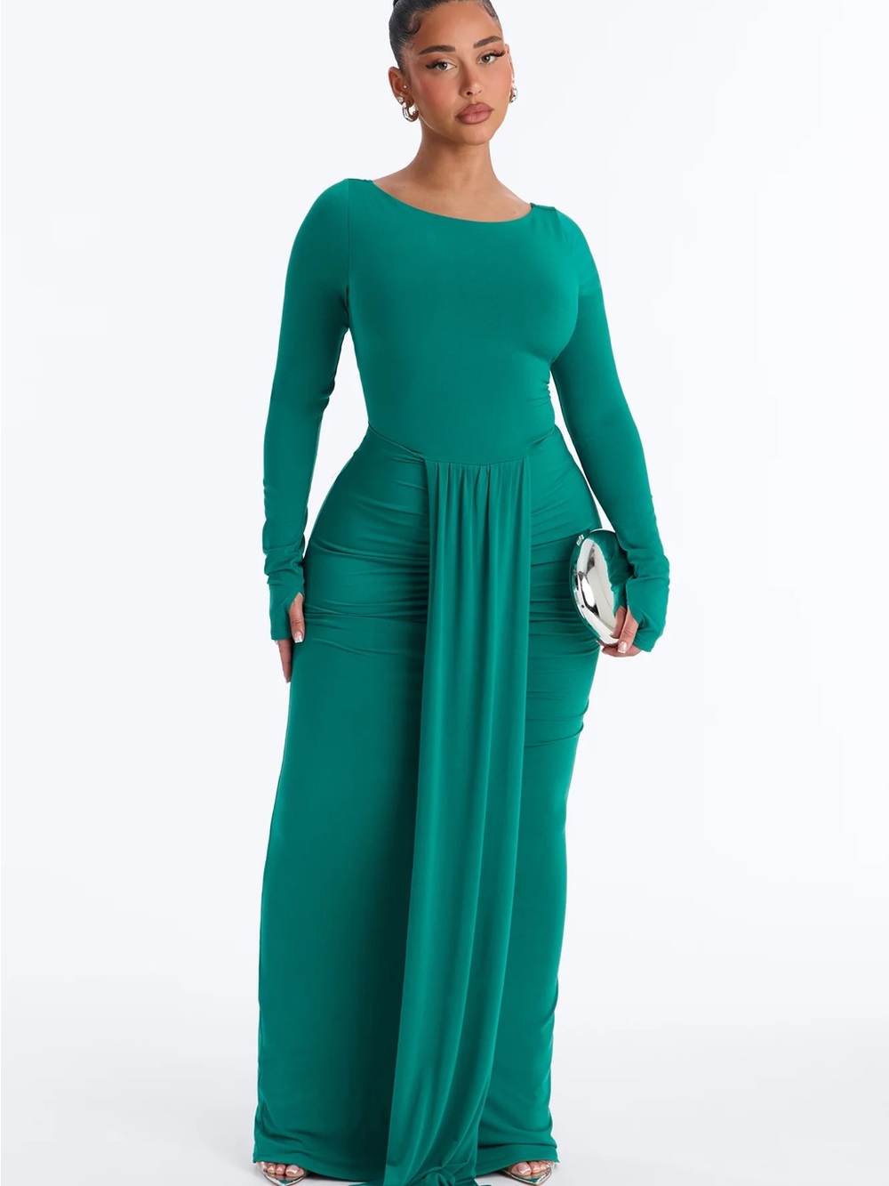 Emerald Long Sleeve Draped Maxi Dress